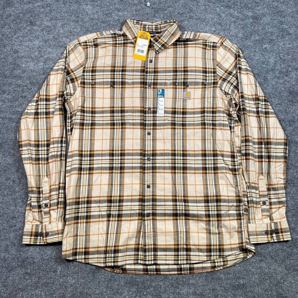 Carhartt Rugged Flex Relaxed Fit Plaid Shirt Mens L Tall Tan TW5949-M 106357-A16
